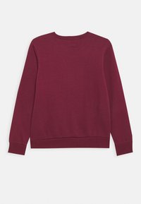 Felpa bordeaux con maniche lunghe, polsini e orlo a costine, materiale in morbido misto cotone, texture liscia e dettagli di cucitura minimi sul retro.