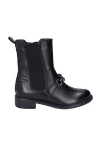 Black leather ankle boot with elastic panels, rounded toe, low stacked heel, decorative metal buckle, and visible stitching detail.