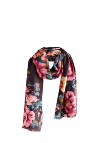 Blomstret tørklæde på mørk baggrund med pink, gule og blå blomster. Blødt stof, rektangulær form og frynser i kanterne.