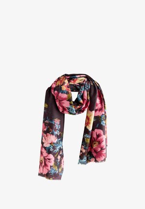 Blomscarf med mörk bakgrund och rosa, gula och blå blommor. Mjuk tyg, rektangulär form och fransade kanter.