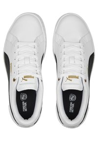 White athletic shoes with black accents, featuring a smooth leather upper, six eyelets, and gold branded details on the tongue and side.