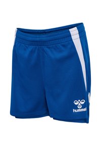 Pantalones cortos deportivos azules con cintura elástica, franjas laterales blancas y logo blanco de Hummel en la pierna izquierda.