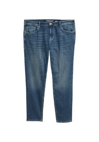 Jeans aus Denim in einem mittleren Blau, mit geradem Schnitt, fünf Taschen und subtilen Whisker-Effekten an den Oberschenkeln für Textur.