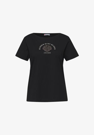 Zwart T-shirt met korte mouwen met een afbeelding van een schelp en de tekst "SUMMER IS MY SEASON" en "CÔTE D'AZUR" op de voorkant.