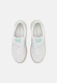 Paire de baskets en cuir blanc avec des accents bleu clair, des lacets blancs et des semelles en caoutchouc gomme, vues de dessus sur un fond blanc.