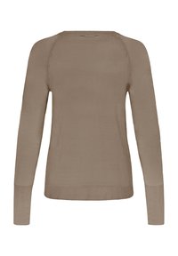 Pull taupe à manches longues avec poignets et ourlet côtelés, présenté de dos, montrant un tissu tricoté uni et des détails de coutures.