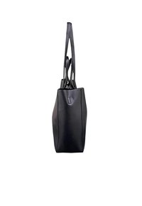 Borsa a tote in pelle nera con due manici lunghi, forma rettangolare, dettagli di cucitura sottile e profilo snello. Nessun hardware aggiuntivo visibile.