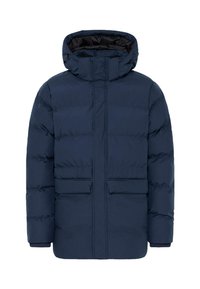 Námořnická modrá péřová bunda s kapucí, dvěma předními kapsami a zapínáním na zip. Vyrobena z hladké, voděodolné tkaniny s prošívaným designem.