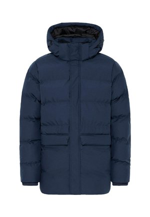 Tummansininen puffatakkia huppulla, jossa on kaksi etutaskua ja vetoketjusulku. Valmistettu sileästä, vettä hylkivästä kankaasta, jossa on tikattu kuvio.