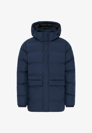 Tummansininen puffatakkia huppulla, jossa on kaksi etutaskua ja vetoketjusulku. Valmistettu sileästä, vettä hylkivästä kankaasta, jossa on tikattu kuvio.