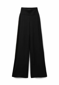 Black wide-leg trousers made from smooth fabric, featuring a high waistband and minimalist design, with no visible pockets or accents.