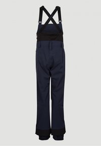 Granatowe wodoodporne spodnie ogrodnicze z regulowanymi czarnymi szelkami, elastycznymi mankietami i gładką strukturą. Posiadają podwójnie szyte szwy oraz wzmocnione detale.