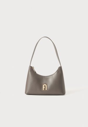 Gray leather handbag with a curved shape, a single shoulder strap, and a gold-toned logo accent. Features a zip closure at the top.