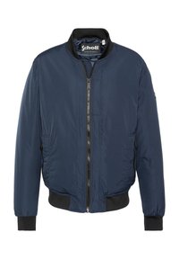Marineblaue Bomberjacke aus glattem synthetischem Material, mit einem Frontreißverschluss, geripptem Kragen, Bündchen und Saum sowie Seitentaschen.