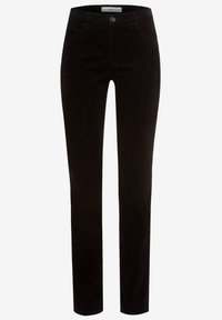 Black straight-leg pants made of soft, stretchy fabric. Features five pockets, a front button closure, and belt loops. Smooth texture.