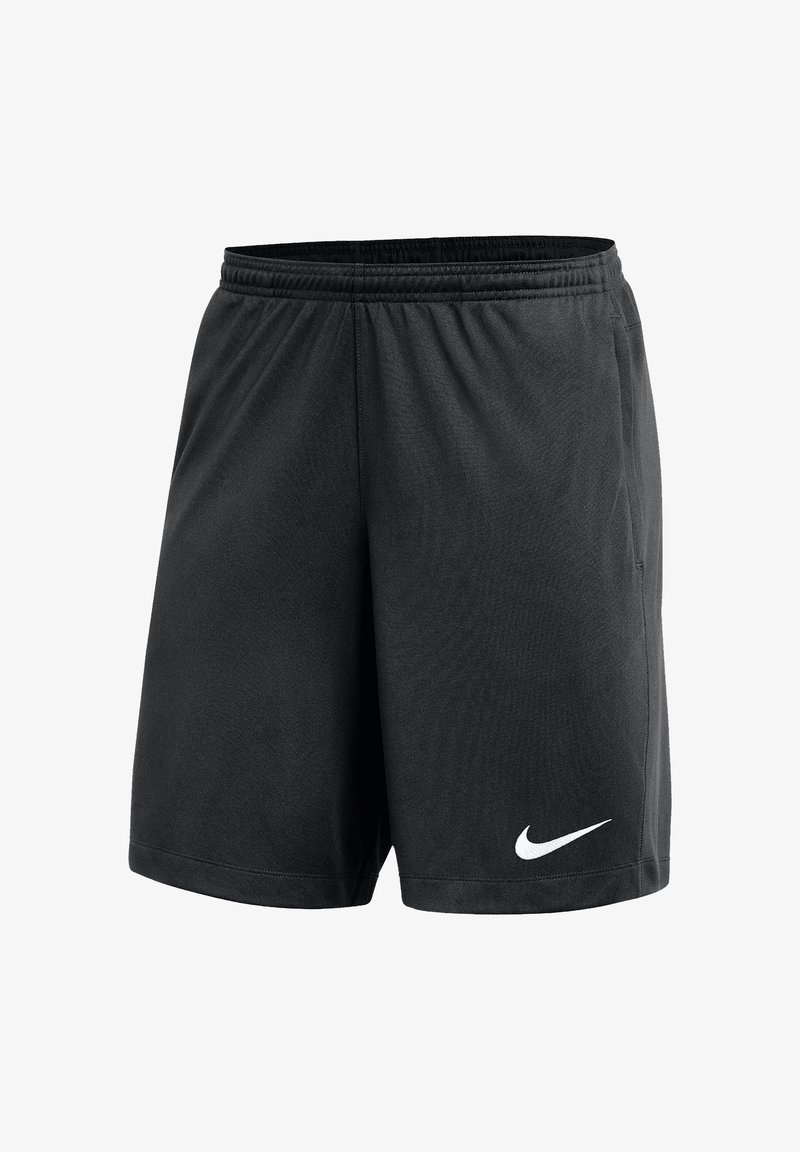 Black athletic shorts with elastic waistband and white Nike logo on the lower left leg, shown against a white background.