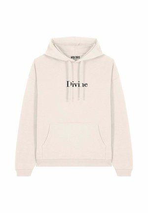Felpa con cappuccio color crema realizzata in tessuto morbido, con tasca a marsupio e la scritta "Divine" stampata in nero sul petto.