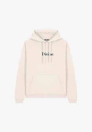 Felpa con cappuccio color crema realizzata in tessuto morbido, con tasca a marsupio e la scritta "Divine" stampata in nero sul petto.