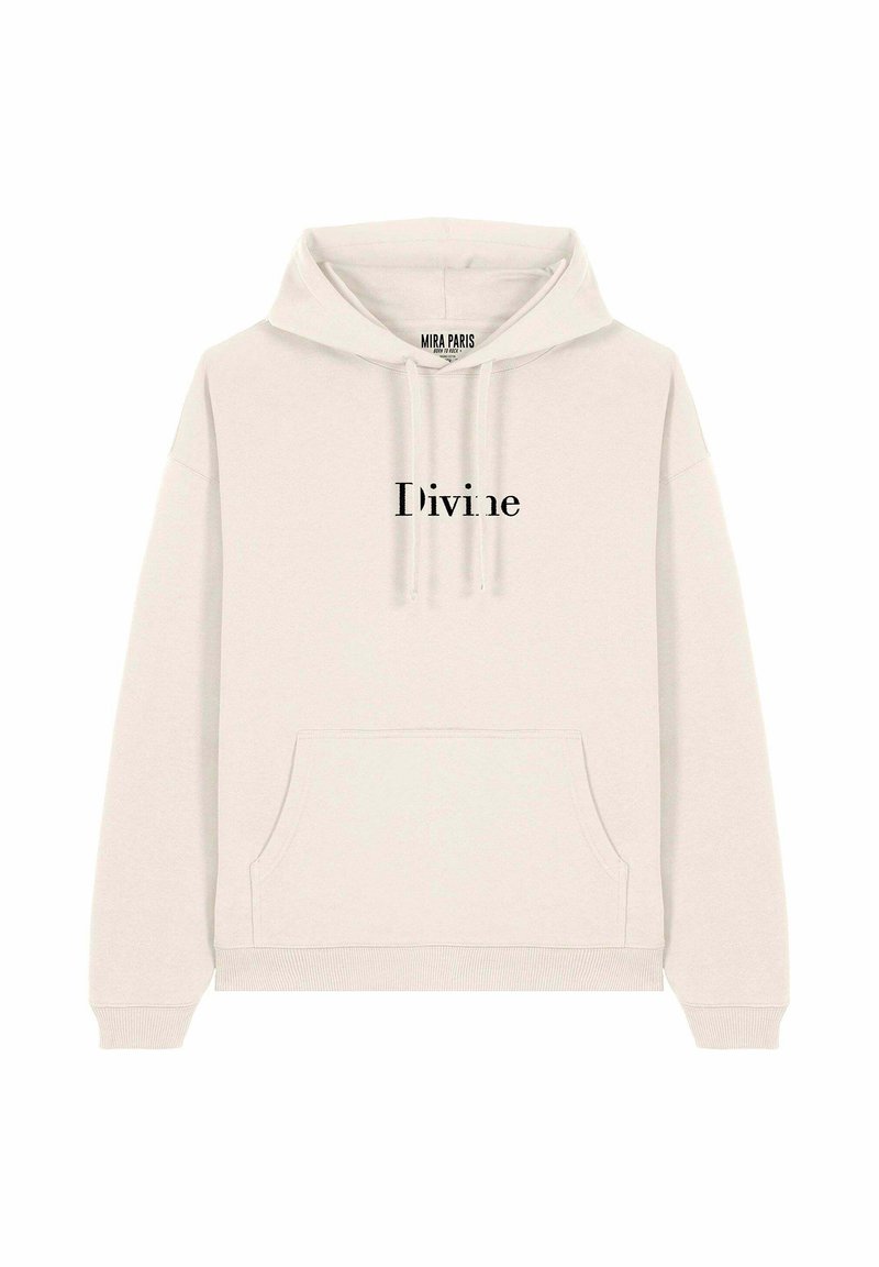 Felpa con cappuccio color crema realizzata in tessuto morbido, con tasca a marsupio e la scritta "Divine" stampata in nero sul petto.