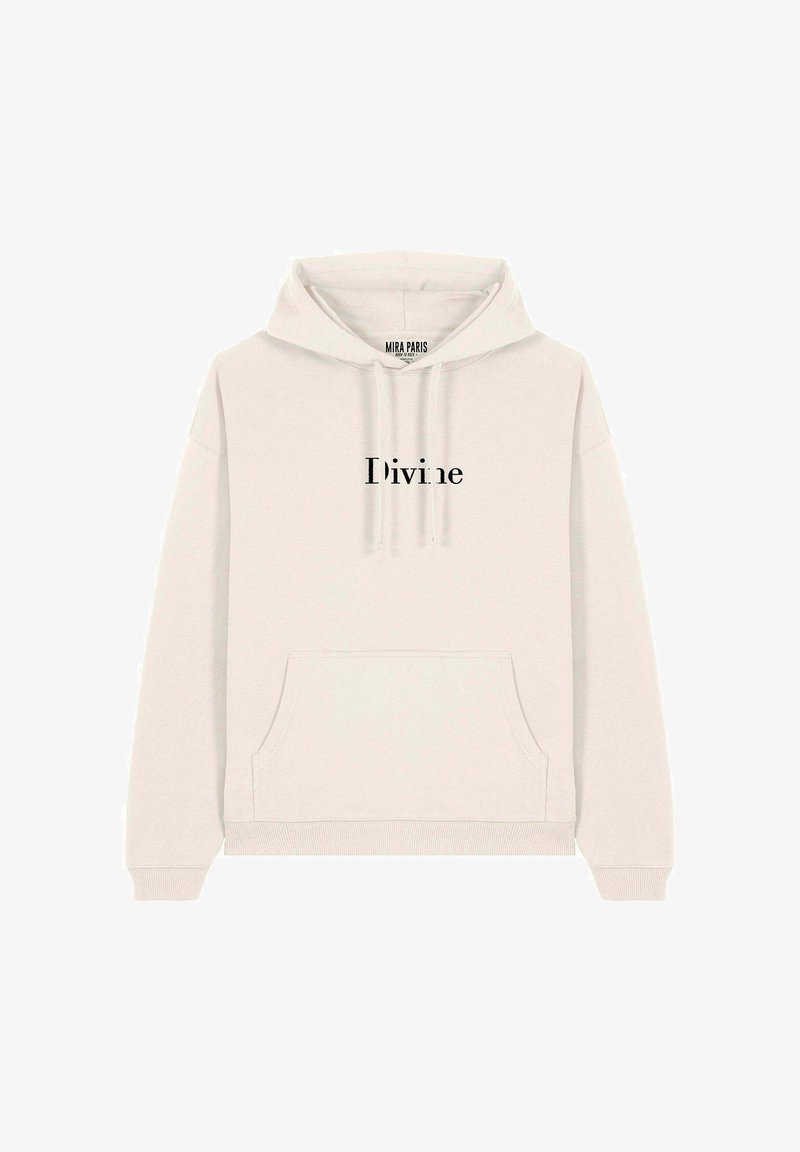 Felpa con cappuccio color crema realizzata in tessuto morbido, con tasca a marsupio e la scritta "Divine" stampata in nero sul petto.