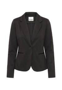 Mustavalge ülikondjakk, millel on üksik nupp, lõigatud kraed, peened sequins kaunistused ja kaks esitaskut.