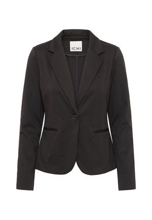 Melnā piegriezuma žakete ar vienu pogu, iegrieztām atlokām, smalkiem sekvīnu rotājumiem un divām priekšējām kabatām ar šķ�ēlumu.