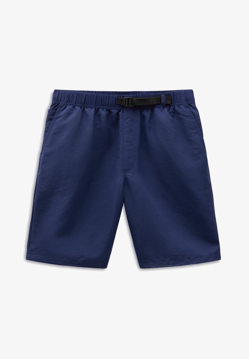 Bañador azul marino hecho de tela ligera, con cintura elástica y hebilla ajustable negra, además de bolsillos laterales.