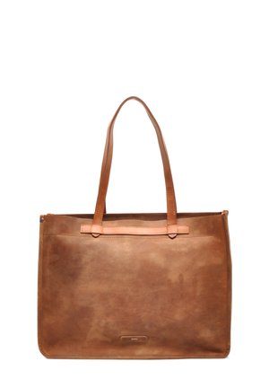 Bruine leren tote bag met lange handvatten, een gladde textuur en een eenvoudig ontwerp. Beschikt over een subtiele glans en een ritssluiting.