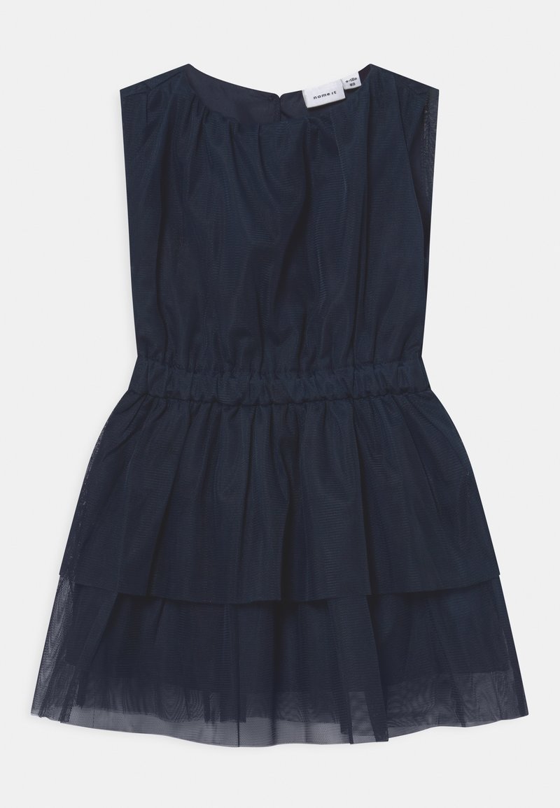 Robe sans manches bleu marine à plusieurs couches avec taille élastique et encolure ronde, conçue pour les enfants, fabriquée en tissu léger transparent.