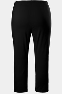 Pantaloni neri tagliati con una texture liscia, caratterizzati da una cucitura in vita e un design minimalista. Nessuna tasca o decorazione visibile.