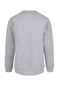 Grauer Sweatshirt mit rundem Halsausschnitt und langen Ärmeln. Aus einem weichen, strukturierten Stoff gefertigt. Verfügt über gerippte Bündchen und einen gerippten Saum. Keine Verzierungen.