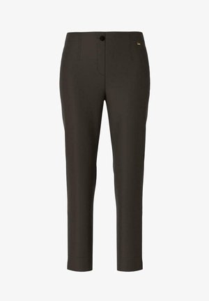 Pantalon slim court marron foncé avec fermeture par bouton et zip, poches avant, et petit détail logo doré sur la ceinture.