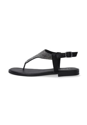 Zwarte platte teenslipper met een sprankelende stenen band, verstelbare sluiting met gesp en een gladde, textuurvlakke zool.