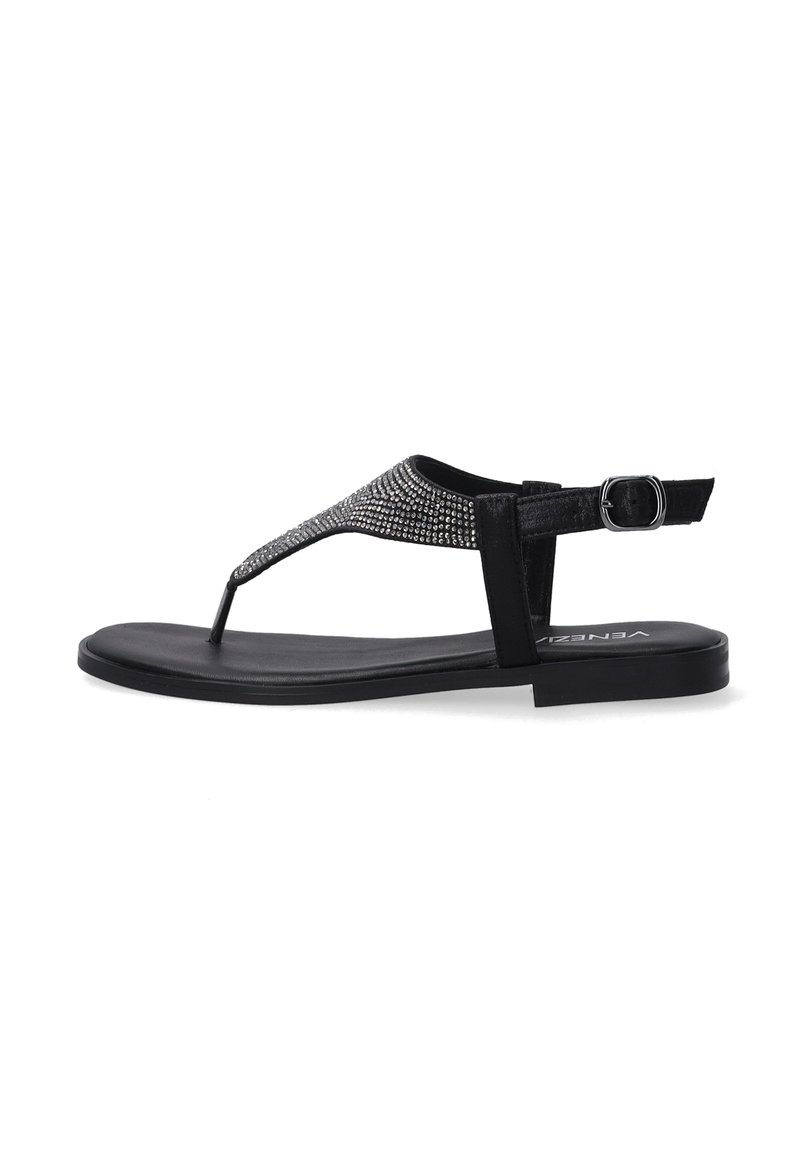 Sort flad sandal med en glitrende rhinestonesnor, justerbar spændeåbning og en glat tekstureret sål.