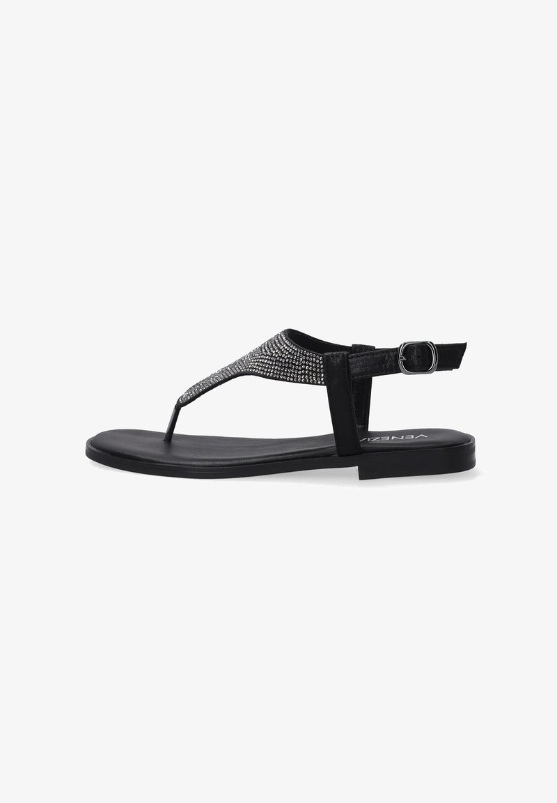 Sort flad sandal med en glitrende rhinestonesnor, justerbar spændeåbning og en glat tekstureret sål.