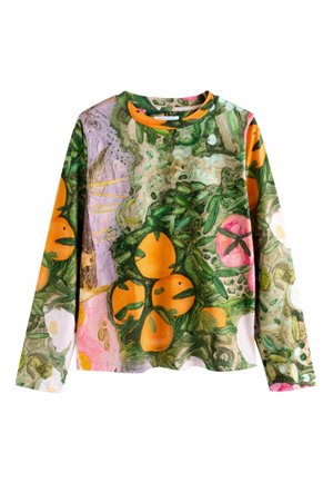Langarmhemd mit lebhaftem Blumenmuster in den Farben Grün, Orange, Pink und Lila. Hergestellt aus weichem, leichtem Stoff.