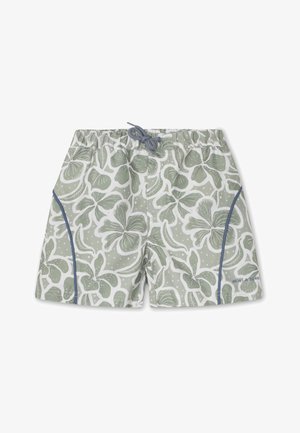 Žalios gėlėtos maudymosi šortai su balta fono spalva, elastingu juosmeniu, raišteliu ir kontrastinga mėlyna apdaila šonuose.