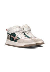 Hoge sneakers in beige, groen en roze. Gekenmerkt door een mix van suede en metallic materialen, klittenbandsluiting en decoratieve steraccenten.