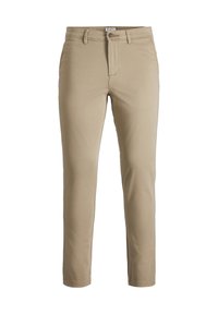 Chinos beige slim-fit con passanti per cintura, chiusura frontale con bottone e zip, presentati su uno sfondo bianco.
