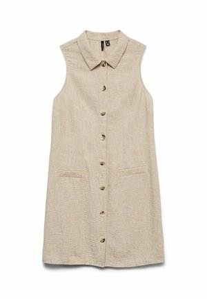 Vestido sin mangas hasta la rodilla en lino de color beige claro, con un cuello tipo camisa, cierre con botones en el frente y dos bolsillos laterales.