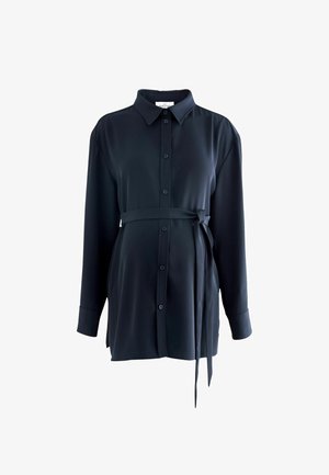 Navy blue shirt with a collar, long sleeves, button closure, and a matching tie belt at the waist. Smooth fabric and tailored design.