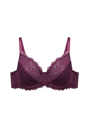 Lace bra in deep plum with padded cups and scalloped edges. Includes adjustable satin straps and a back closure. Delicate floral pattern.