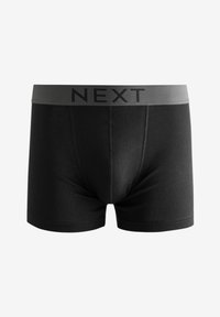 Schwarze Boxer-Briefs aus weichem Stoff, mit einem grauen elastischen Bund, auf dem "NEXT" in Schwarz gedruckt ist. Glatte Textur, figurbetontes Design.