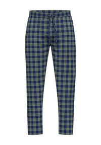 Pantalons à carreaux dans des teintes bleu foncé et vert, avec une taille élastique et un cordon de serrage, dotés d'une coupe fuselée. Texture de tissu lisse.