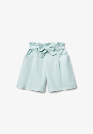 Lichte teal shorts van linnen, met een hoge taille, riemlussen, zijzakken en een strikceintuur aan de voorkant.