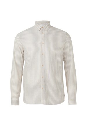 Koszula w pionowe beżowo-białe paski, z długim rękawem, zapinana na guziki, z ostrym kołnierzykiem i zapinanymi na guziki mankietami na białym tle.