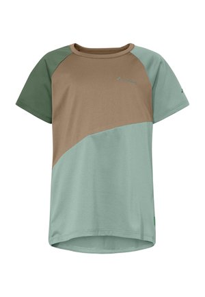 Outdoor-T-Shirt mit kurzen Ärmeln in grün und braunen Blockfarben, Rundhalsausschnitt und VAUDE-Logo auf der Brust und dem linken Ärmel.