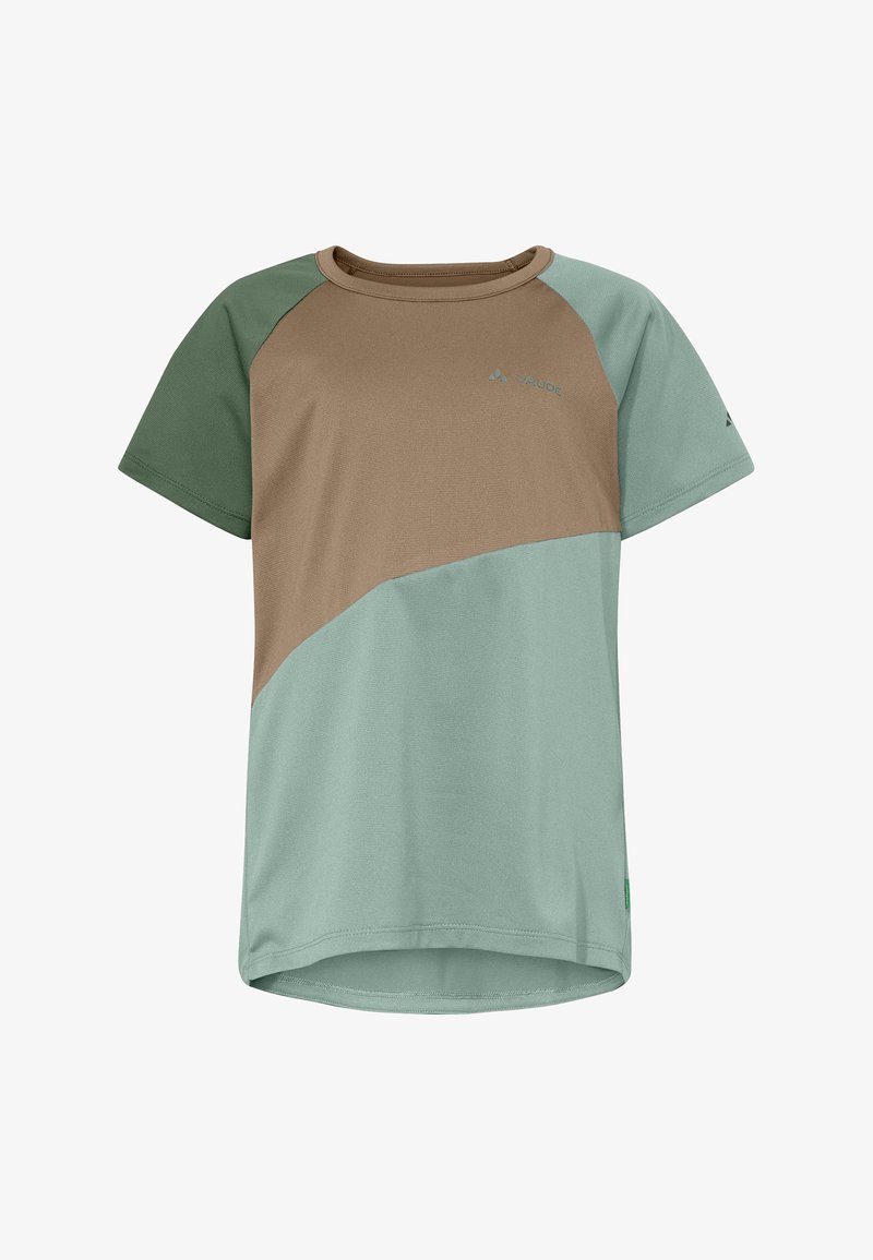 T-shirt d'extérieur à manches courtes en blocs verts et marron avec col rond et logo VAUDE sur la poitrine et la manche gauche.