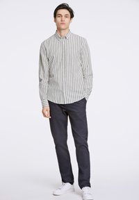 Button-up shirt in groen en witte verticale strepen, lange mouwen, kraag, gecombineerd met donkere broek en witte sneakers.