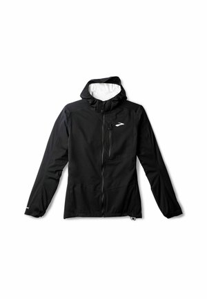 Black hooded jacket made of lightweight fabric, featuring a full zipper, front pocket, and subtle logo detail. Smooth texture.